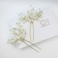 Abalone Like Flowers Large Gold Hairpin, Bridal Party Floral Hairpiece, Wedding Small Ivory Flower Hair Pin, Branch Wire Hairpin - KaleaBoutique.com