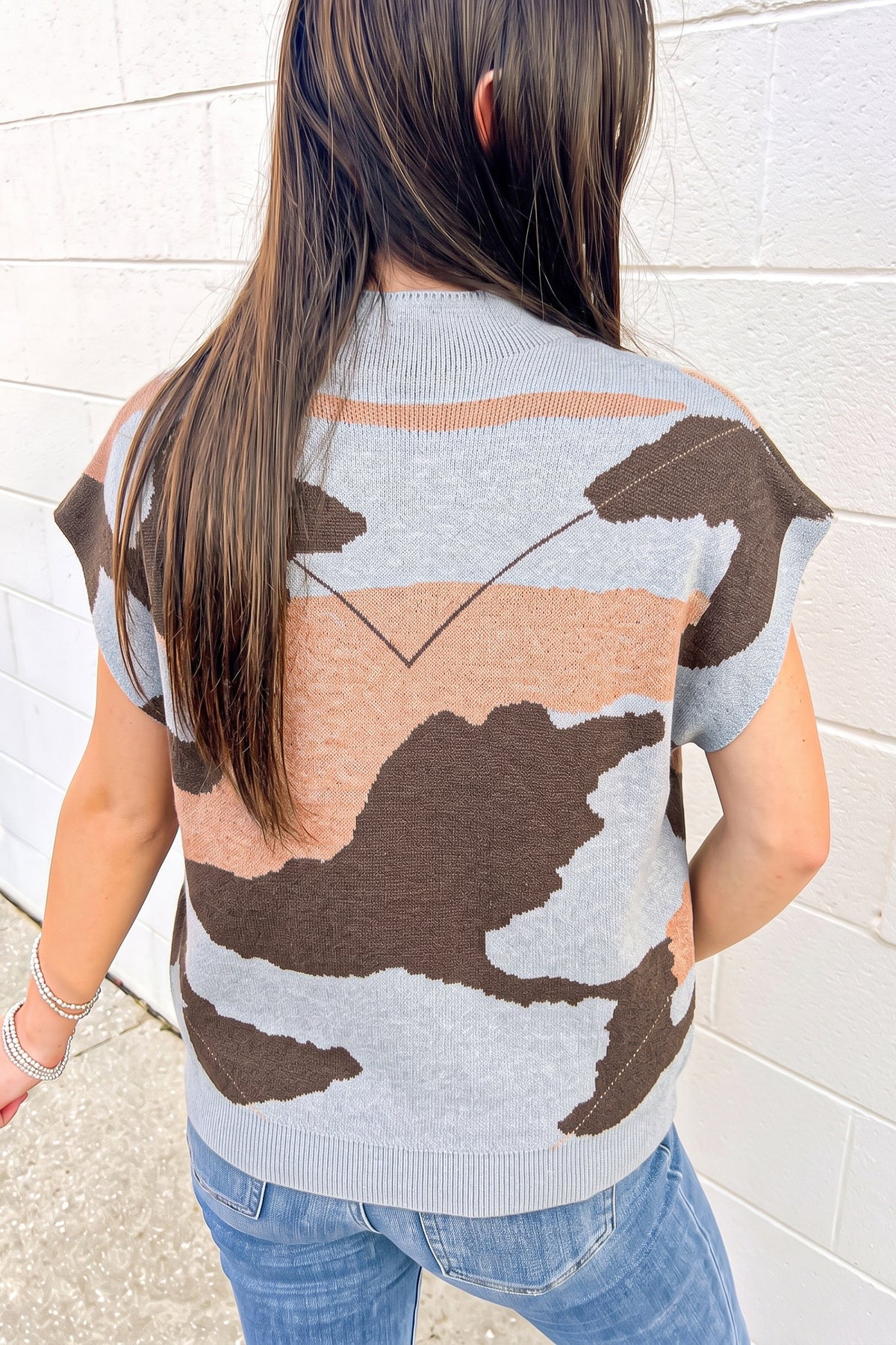 KaleaBoutique Stylish Camouflage Pattern Drop Shoulder High Neck Short Sleeve Shift Sweater - KaleaBoutique.com