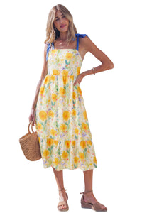 KaleaBoutique Comfortable Floral Print Contrast Stitched Knot Denim Straps High Waist Dress - KaleaBoutique.com