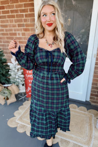 KaleaBoutique Comfortable Vintage Plaid Square Neck Lace Trim Long Sleeve Shift Dress - KaleaBoutique.com