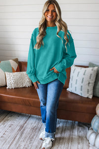 KaleaBoutique Stylish Horizontal Ribbed Exposed Seam Detail Drop Shoulder Baggy Pullover - KaleaBoutique.com