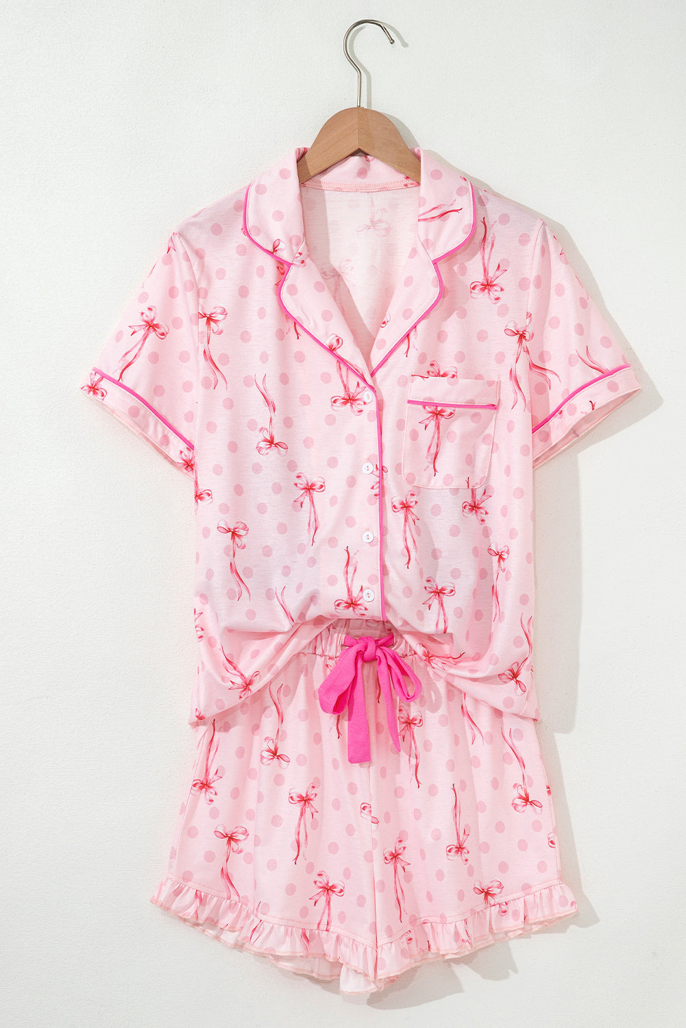KaleaBoutique Stylish Bow Print Contrast Pipping Short Pajamas Set - KaleaBoutique.com