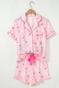 KaleaBoutique Stylish Bow Print Contrast Pipping Short Pajamas Set - KaleaBoutique.com