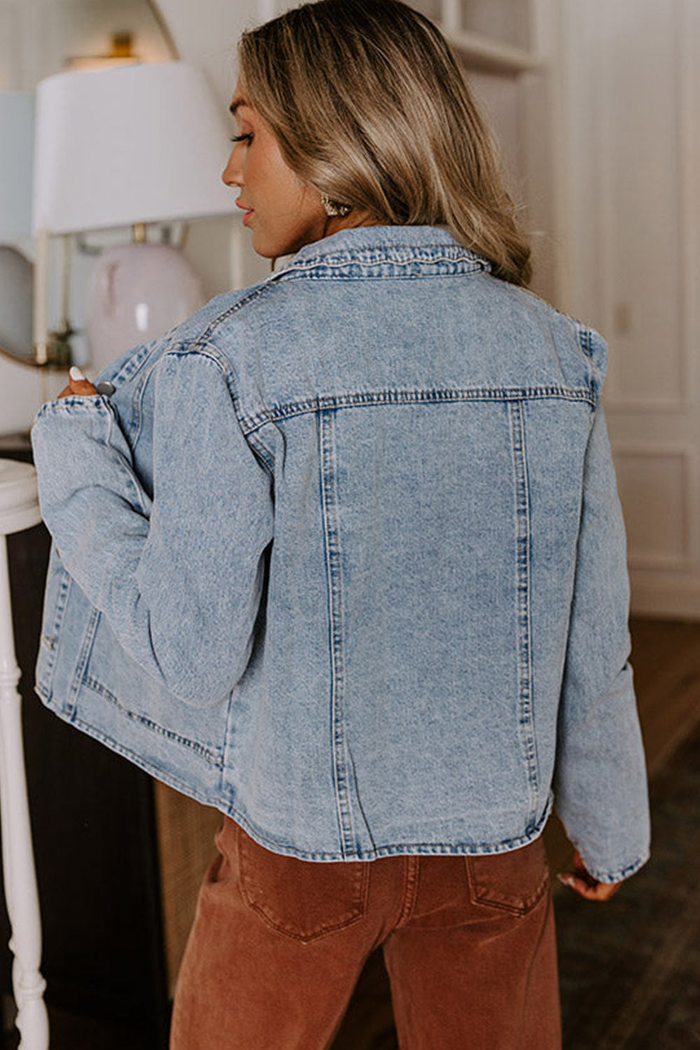 Scallop Trim Collar Patched Pocket Button Up Mineral Washed Denim Jacket - KaleaBoutique.com