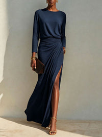 Women's Long-Sleeve Ruched Side-Slit Maxi Dress - KaleaBoutique.com