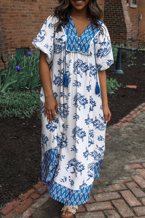 KaleaBoutique Comfortable Boho Abstract Print Contrast Trim V Neck Tassel Tie Dress - KaleaBoutique.com