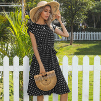 Women's Polka-Dot Round-Neck Tie-Waist Midi Dress - KaleaBoutique.com