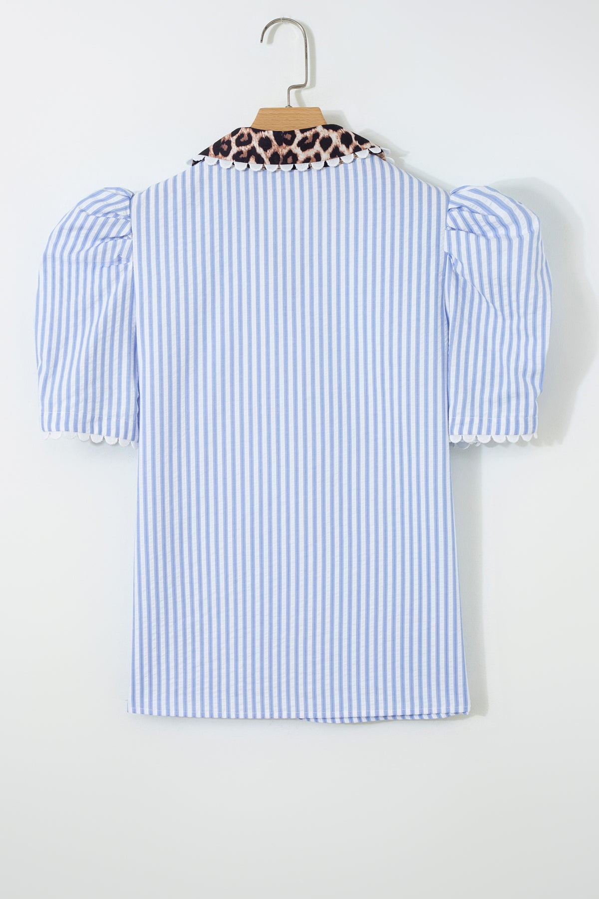 KaleaBoutique Ricrac Trim Short Puff Sleeve Leopard Patchwork Collar V Neck Blouse - KaleaBoutique.com