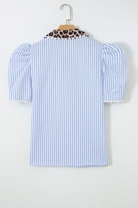 KaleaBoutique Ricrac Trim Short Puff Sleeve Leopard Patchwork Collar V Neck Blouse - KaleaBoutique.com