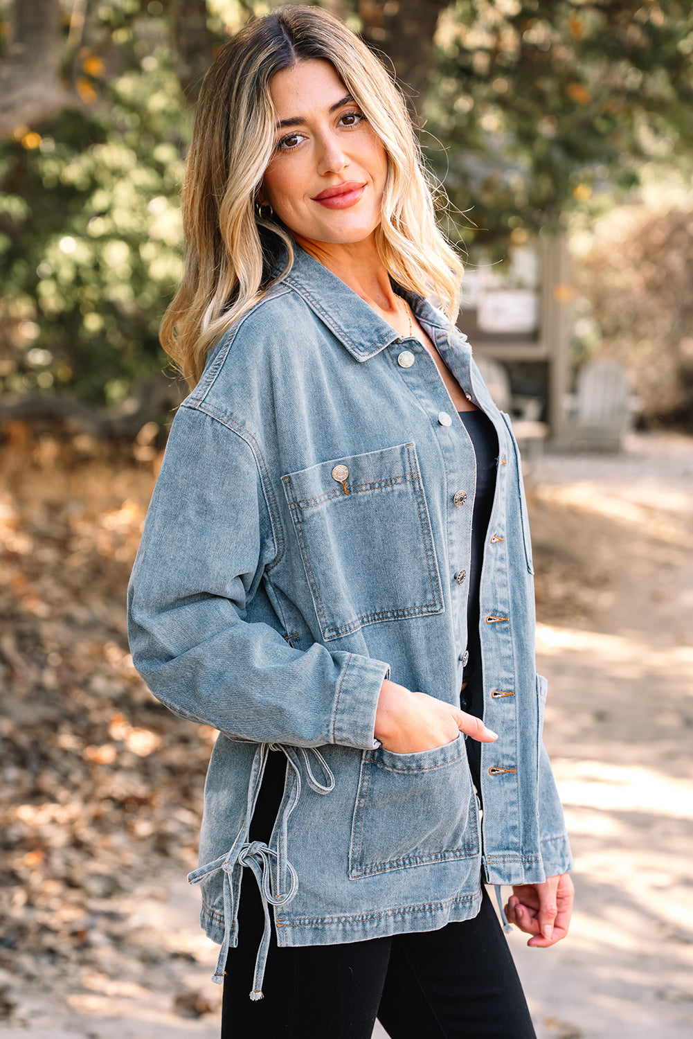 Multi Patched Pockets Side Tie up Boyfriend Style Denim Jacket - KaleaBoutique.com