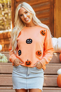 KaleaBoutique Stylish Orange Embroidered Pumpkin Face Drop Shoulder Sweatshirt - KaleaBoutique.com