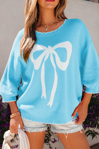 KaleaBoutique Comfortable Big Ribbon Bow Print Contrast Stitch Trim Drop Shoulder Sweater - KaleaBoutique.com
