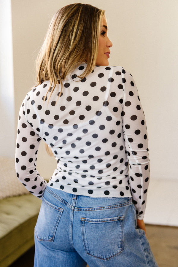 KaleaBoutique Stylish Polka Dot Mesh Long Sleeve Stand Neck Sheath Top - KaleaBoutique.com