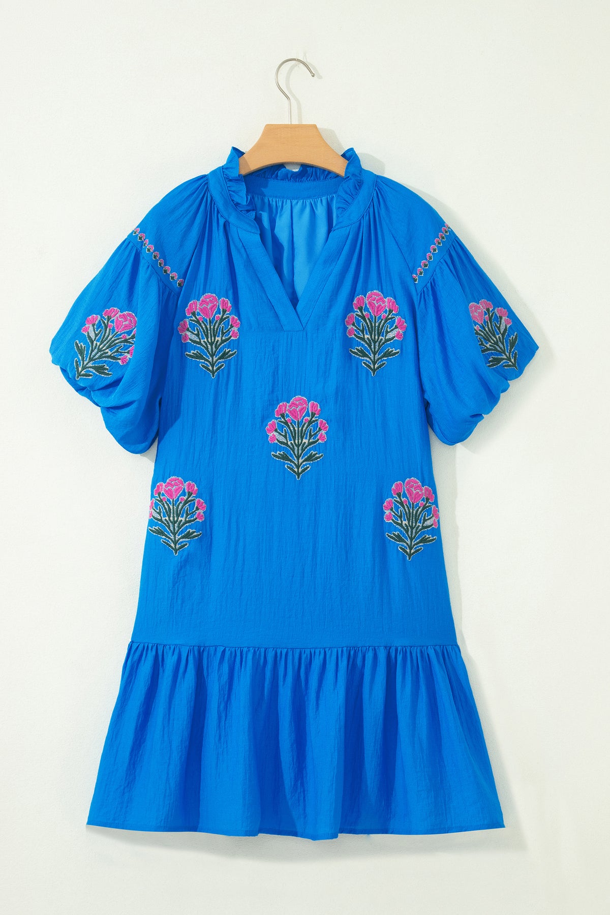 KaleaBoutique Stylish Flower Embroidered Split Neck Short Puff Sleeve Ruffle Hem Dress - KaleaBoutique.com
