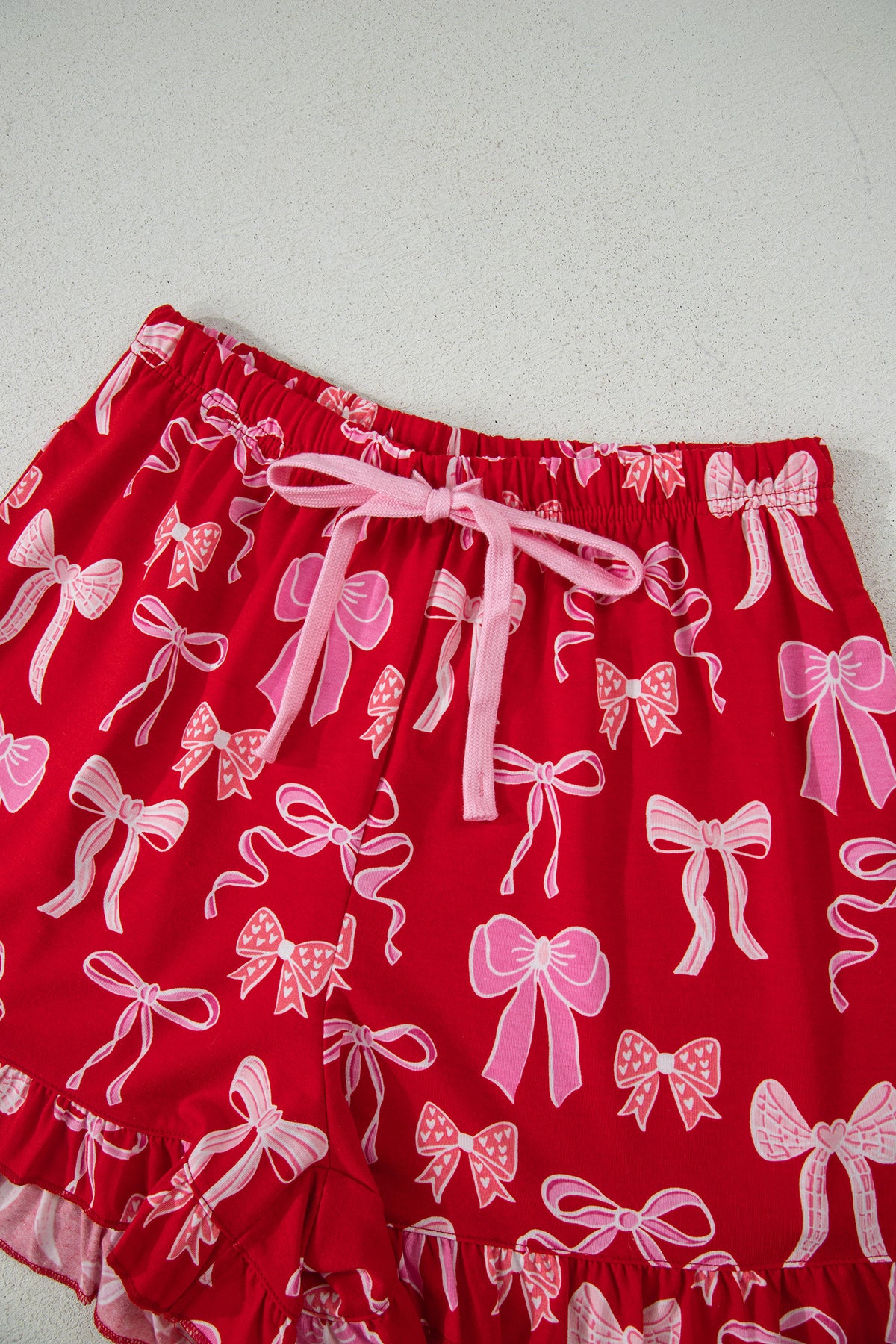 KaleaBoutique Stylish Sweet Bow Print Ruffled Short Sleeve Shirt Shorts 2pcs Pajama Set - KaleaBoutique.com
