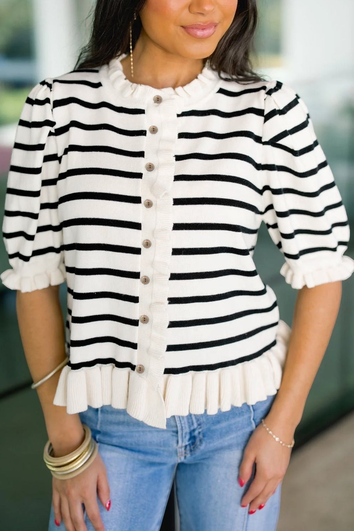 KaleaBoutique Comfortable Ruffle Trim Button Down Knit Short Sleeve Sweater Cardigan - KaleaBoutique.com