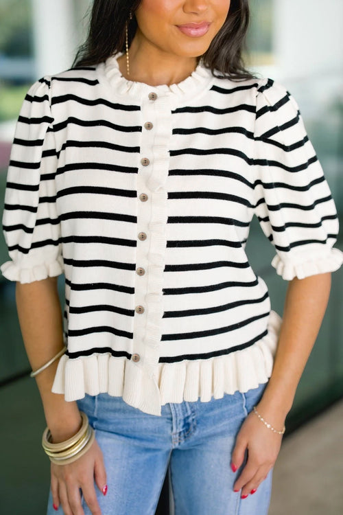 KaleaBoutique Comfortable Ruffle Trim Button Down Knit Short Sleeve Sweater Cardigan - KaleaBoutique.com
