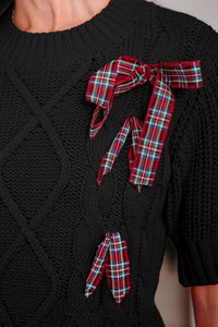 KaleaBoutique Comfortable Plaid Lace up Detail Christmas Holiday Puff Short Sleeve Sweater - KaleaBoutique.com
