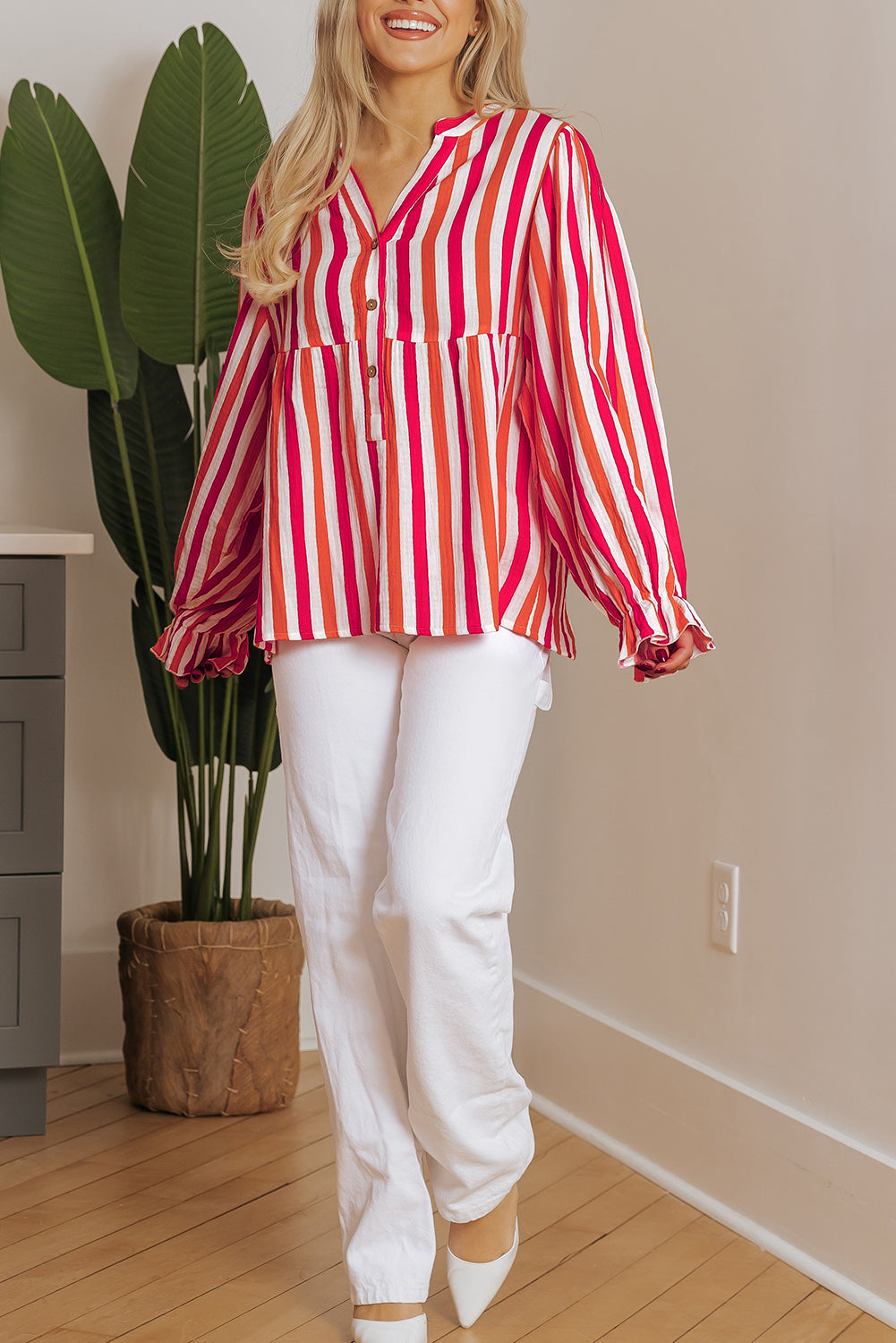 KaleaBoutique Stylish Balloon Sleeve Notched V Neck Buttoned Front Blouse - KaleaBoutique.com