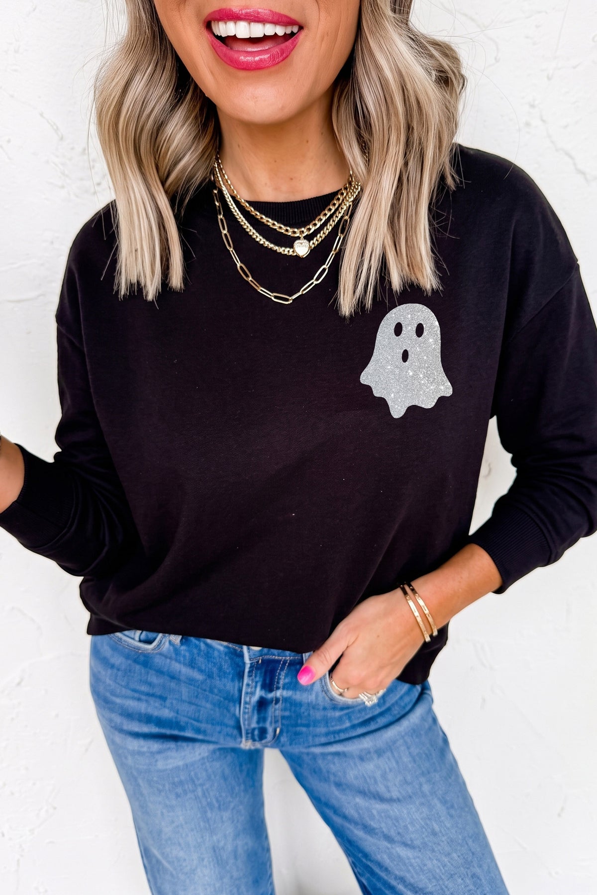 Black Glitter Ghost Halloween Long Sleeve Graphic Tee - KaleaBoutique.com
