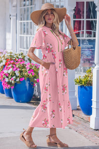 KaleaBoutique Comfortable Notched Neck Flutter Short Sleeve Floral Print Maxi Dress - KaleaBoutique.com