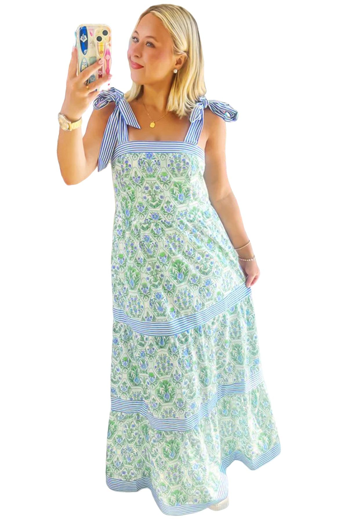 KaleaBoutique Stylish Geometric Floral Print Striped Patchwork Detail Sleeveless Dress（Runs Small ） - KaleaBoutique.com