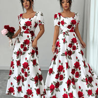 Elegant Vintage Rose-print Puff-sleeve Maxi Dress - KaleaBoutique.com