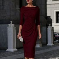 One-shoulder Slim-fit Sheath Dress With Three-quarter-length Pleated Sleeves - KaleaBoutique.com