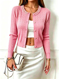 Women's Beaded Crew-Neck Cable-Pattern Cropped Cardigan - KaleaBoutique.com
