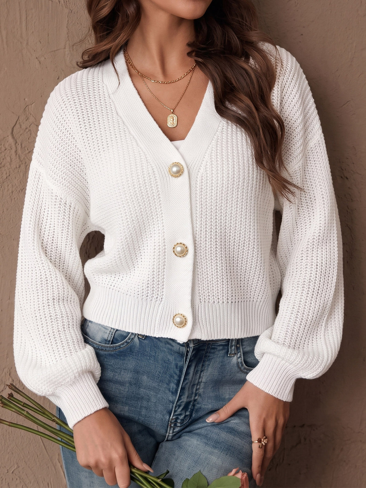 Women's V-Neck Pearl-Style Button Cardigan - KaleaBoutique.com