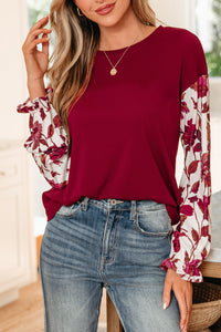 Contrast Floral Sleeve Solid Ribbed Body Patchwork Long Sleeve Top - KaleaBoutique.com