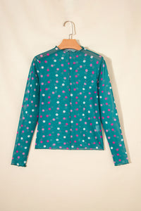 KaleaBoutique Stylish Polka Dot Patterned Bodycon Mock Neck Mesh Long Sleeve Top - KaleaBoutique.com