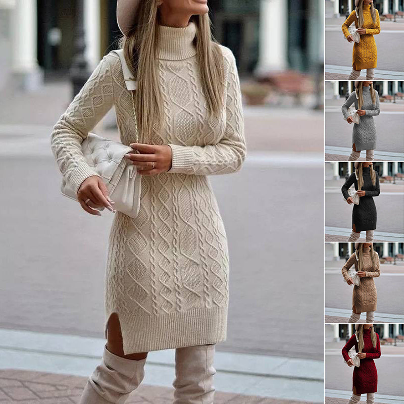 Fashion Turtleneck Knitted Dress With Slit Design Winter Warm Solid Color Pullover Long Sweater Women's Clothing - KaleaBoutique.com