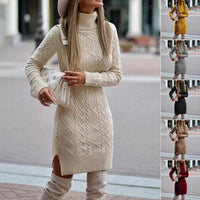 Fashion Turtleneck Knitted Dress With Slit Design Winter Warm Solid Color Pullover Long Sweater Women's Clothing - KaleaBoutique.com