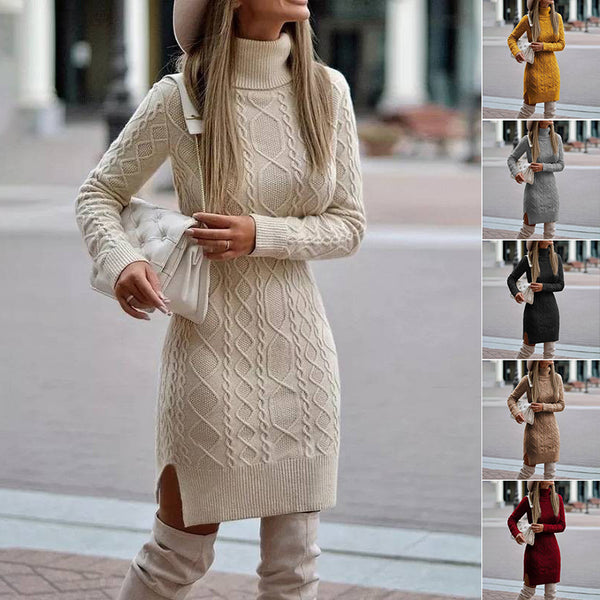 Women's Cable-Knit Turtleneck Side-Slit Sweater Dress - KaleaBoutique.com
