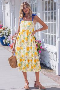 KaleaBoutique Comfortable Floral Print Contrast Stitched Knot Denim Straps High Waist Dress - KaleaBoutique.com