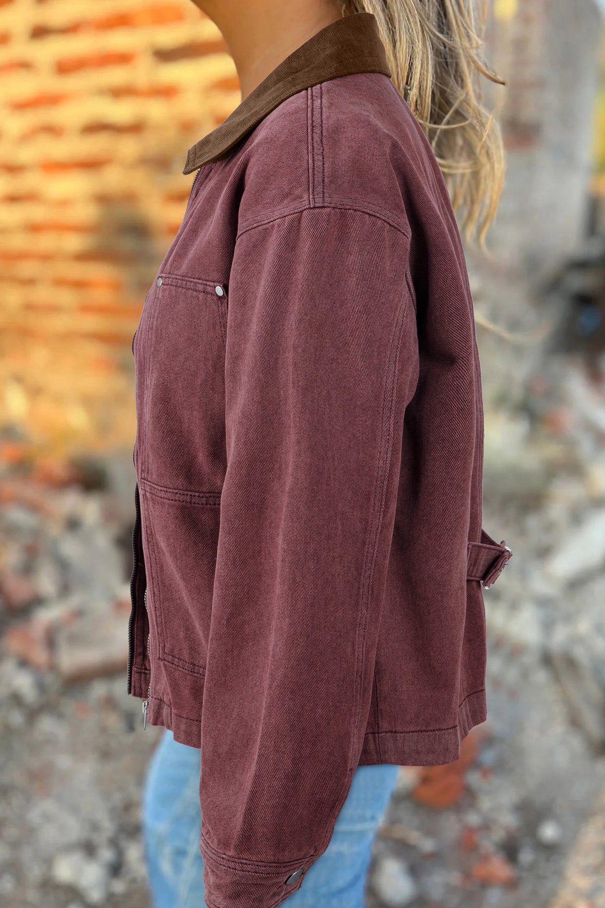Corduroy Collar Zipped Front Denim Jacket - KaleaBoutique.com
