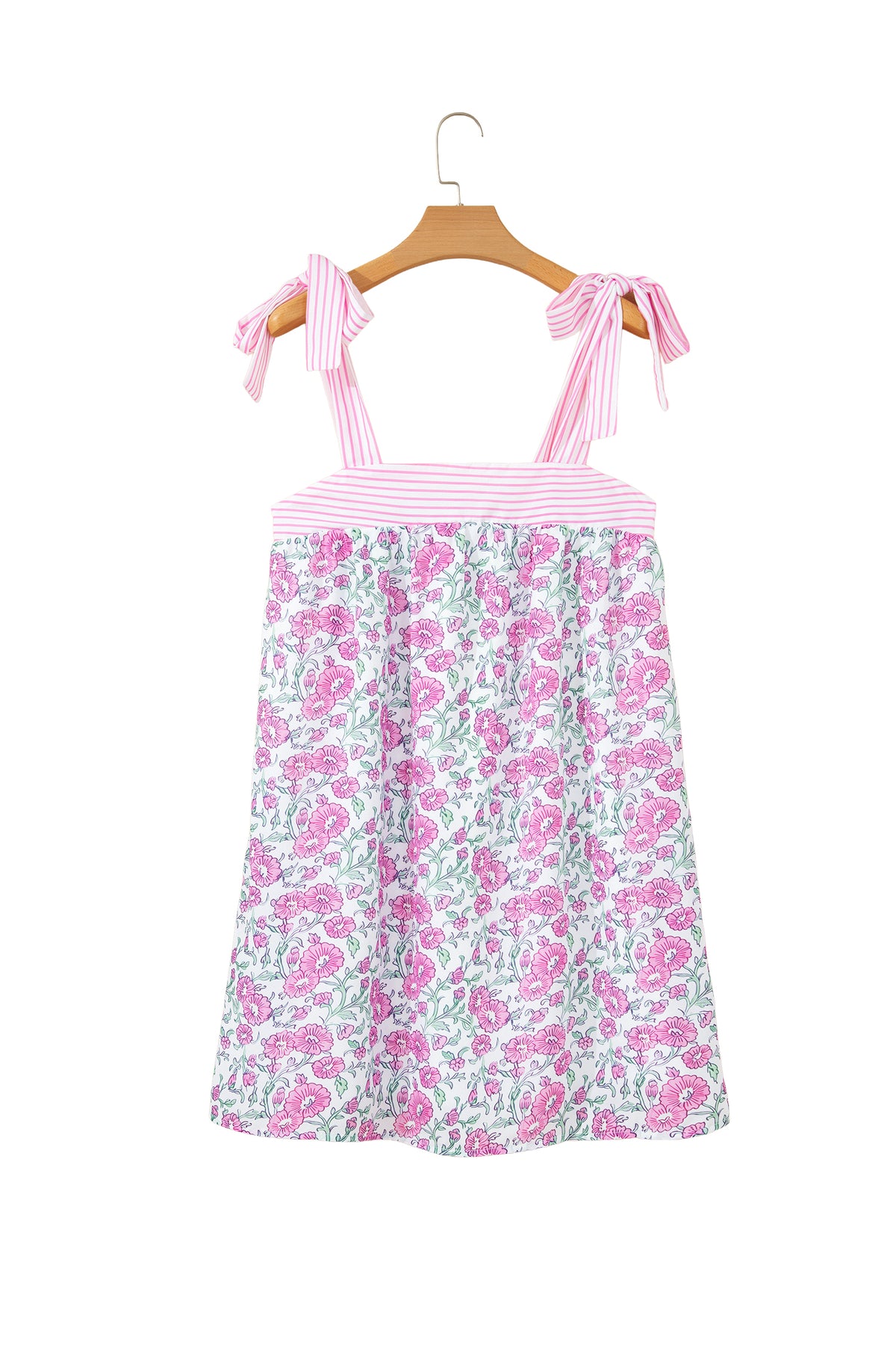 KaleaBoutique Stylish Floral Print Striped Patchwork Bow Knot Straps Mini Dress - KaleaBoutique.com
