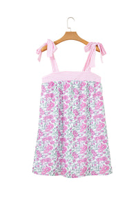KaleaBoutique Stylish Floral Print Striped Patchwork Bow Knot Straps Mini Dress - KaleaBoutique.com