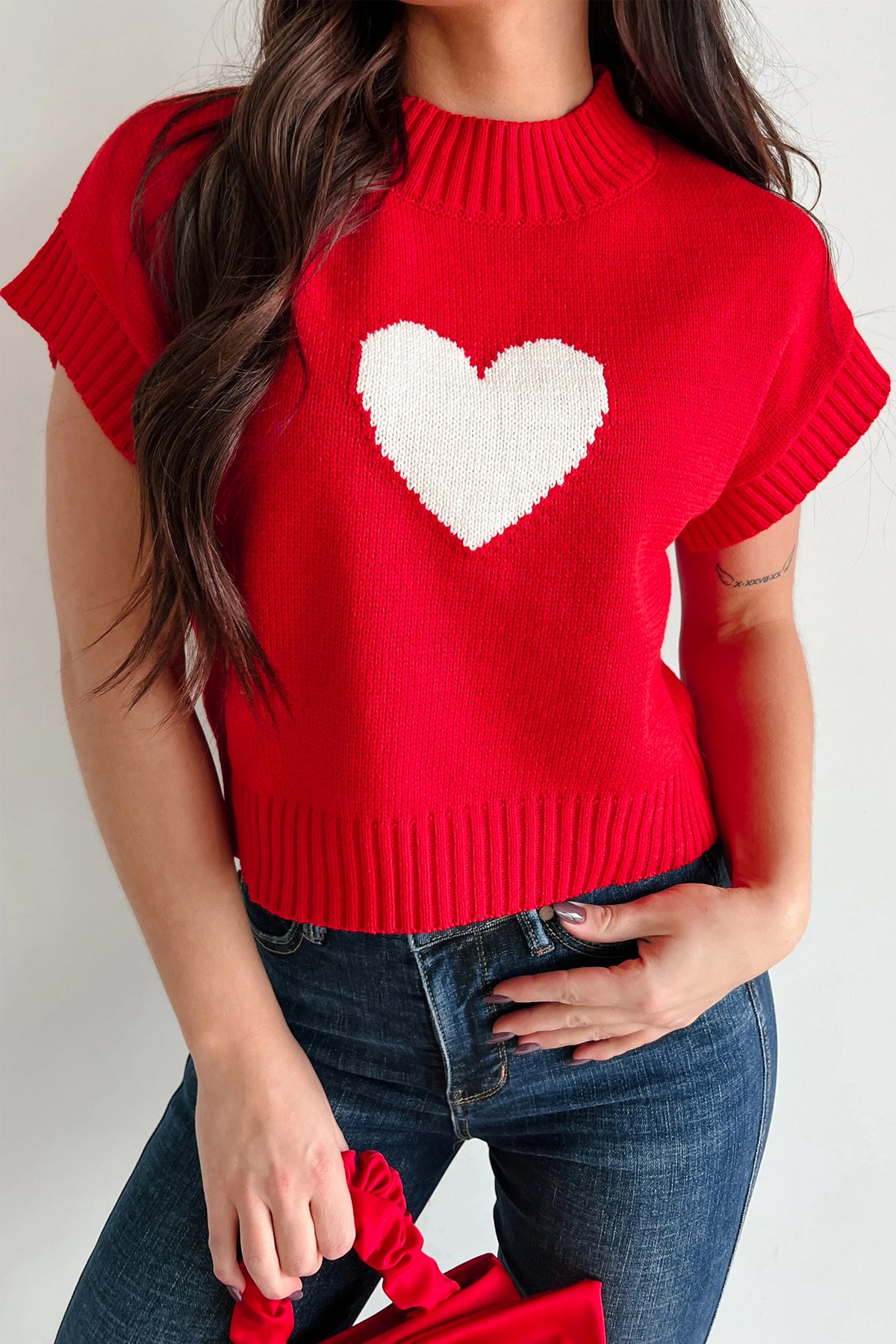 KaleaBoutique Comfortable Valentine Heart Graphic Cropped Short Sleeve Sweater - KaleaBoutique.com