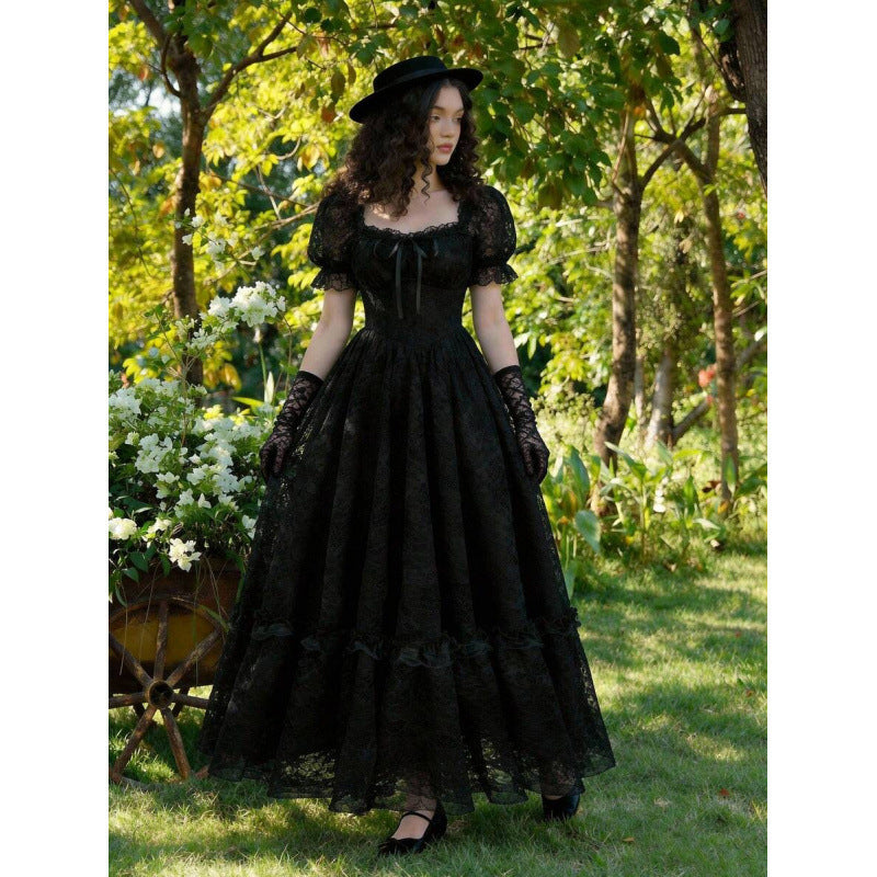 Women's Floral Puff-Sleeve Lace-Trim Ruffle-Hem Maxi Dress - KaleaBoutique.com