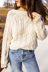 Drop Shoulder Round Neck Cable Knit Sweater - KaleaBoutique.com