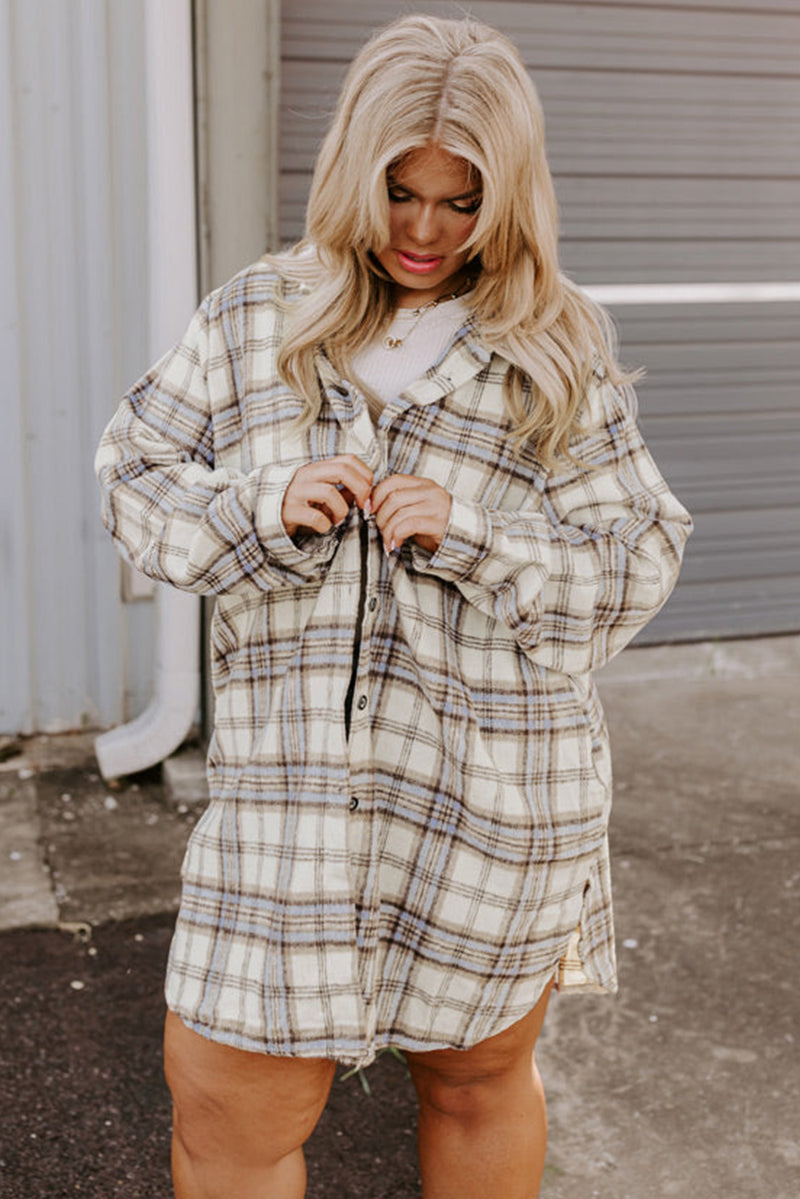KaleaBoutique White Plaid Print Tunic Plus Size Shacket with Slits - KaleaBoutique.com