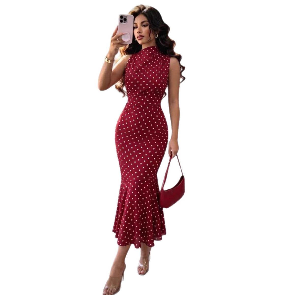 Women's Red Polka-Dot High-Neck Sleeveless Fishtail Dress - KaleaBoutique.com