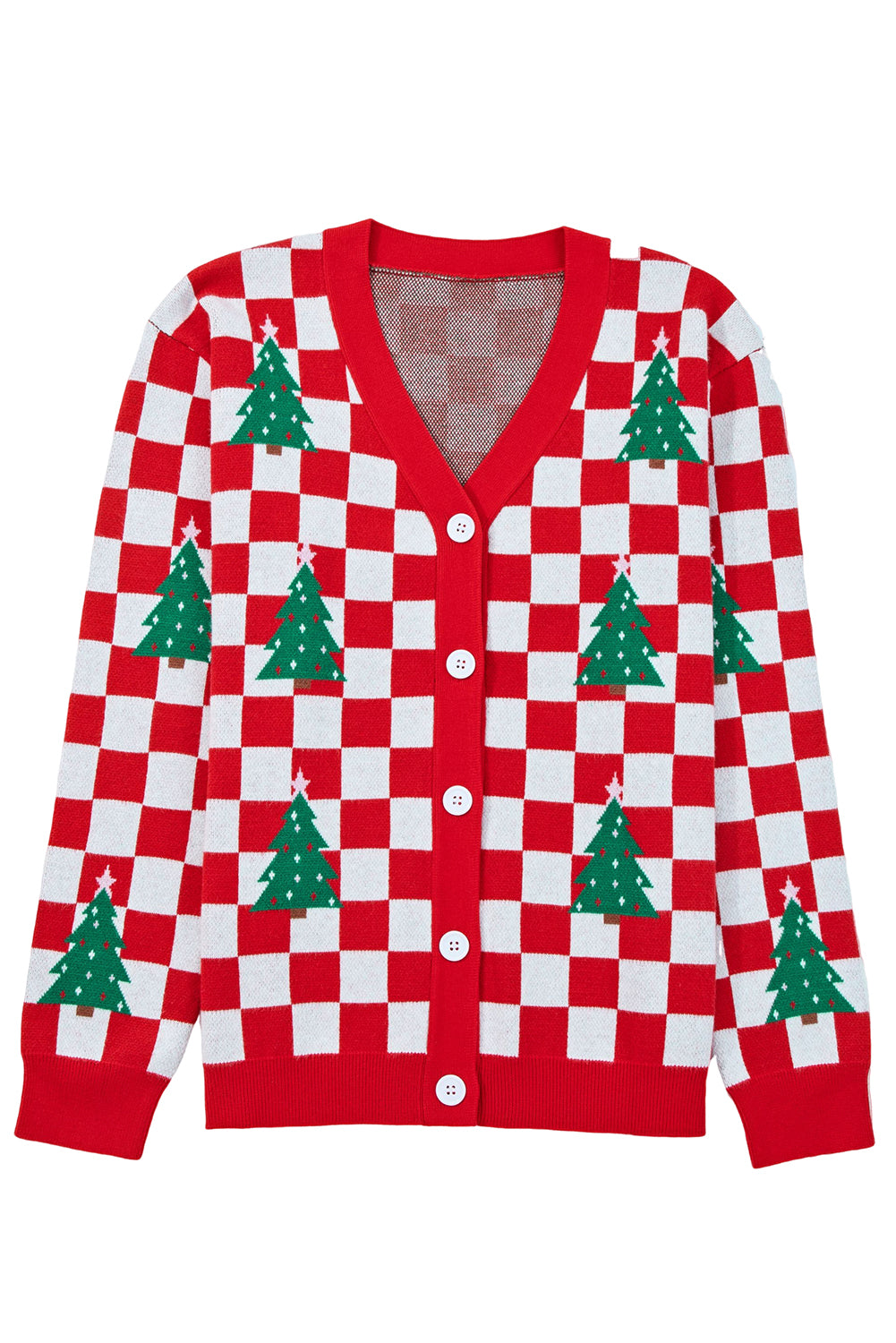 KaleaBoutique Comfortable Checkered Christmas Tree Pattern Button V Neck Cardigan Sweater - KaleaBoutique.com