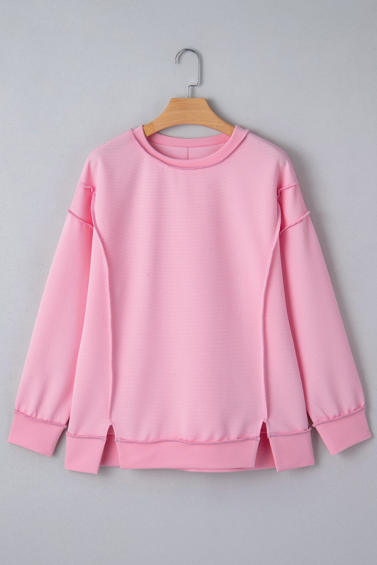 Horizontal Ribbed Exposed Seam Detail Drop Shoulder Baggy Pullover - KaleaBoutique.com