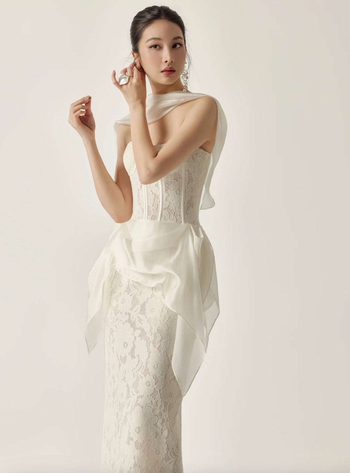 Strapless Corset Lace Midi Dress With Detachable Ruffled Overlay - KaleaBoutique.com