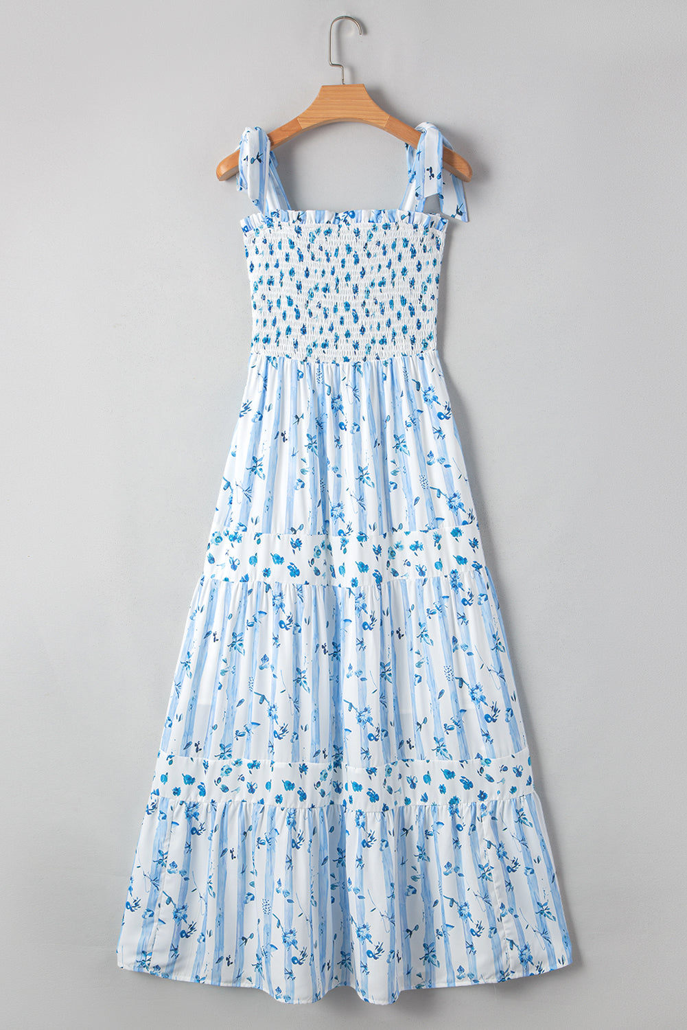 Floral Smocked Tied Straps A-Lined Tiered Maxi Dress - KaleaBoutique.com