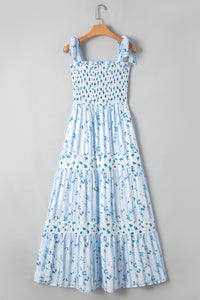 Floral Smocked Tied Straps A-Lined Tiered Maxi Dress - KaleaBoutique.com
