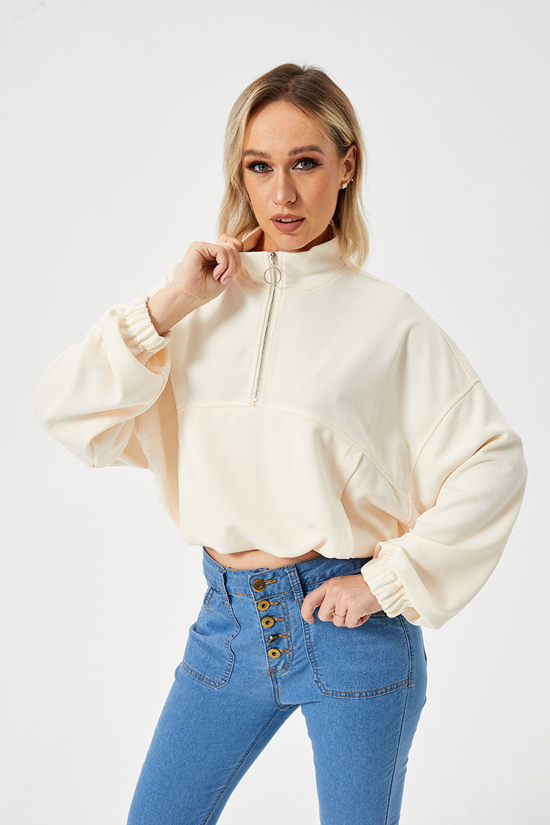 Women's Cropped Half-Zip Loose Fit Pullover Sweatshirt - KaleaBoutique.com
